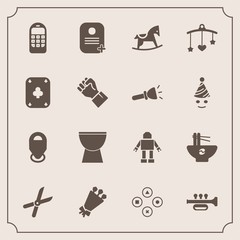 Modern, simple vector icon set with toy, meal, gardening, poker, cut, telephone, cute, phone, robot, child, communication, horse, identity, percussion, technology, musical, baby, mobile, work icons