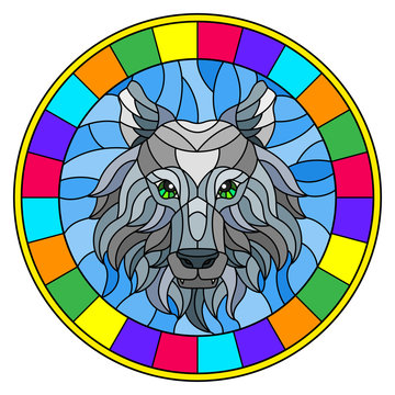 The illustration in stained glass style painting with a wolf head , a circular image with bright frame