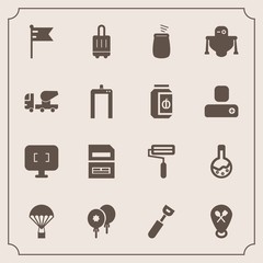 Modern, simple vector icon set with baggage, musical, birthday, extreme, nation, roller, paint, save, location, tool, parachute, sky, mixer, medicine, screen, monitor, music, percussion, kitchen icons