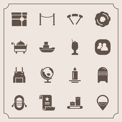 Modern, simple vector icon set with uniform, global, sky, present, fence, globe, map, paper, parachute, pinafore, letter, sweet, ship, sailboat, box, office, planet, luggage, gift, flame, file icons