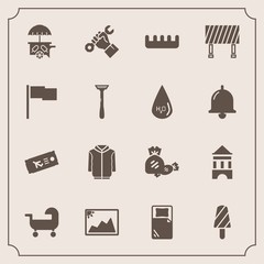 Modern, simple vector icon set with dessert, hair, food, travel, care, sweet, traffic, candy, razor, jacket, summer, brush, foreman, background, airplane, picture, industry, flight, cream, water icons