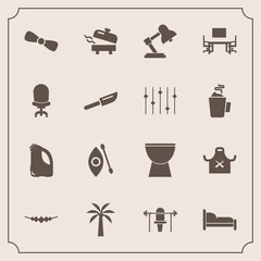 Modern, simple vector icon set with hot, percussion, bedroom, gift, equality, dinner, fitness, knife, necklace, boiler, sport, water, work, equipment, armchair, fork, musical, , bow, cutlery icons