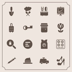 Modern, simple vector icon set with car, team, hat, toy, travel, oven, childhood, annual, fashion, baggage, dinner, button, sport, chief, clothes, airport, gas, cook, basketball, document, stove icons