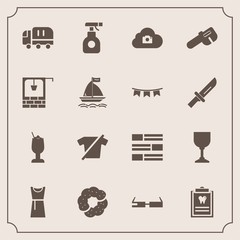 Fototapeta premium Modern, simple vector icon set with newspaper, shirt, hammer, car, dress, well, delivery, pesticide, cake, water, food, old, news, doughnut, modern, dessert, sprayer, cocktail, equipment, glass icons