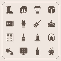 Modern, simple vector icon set with kid, fashion, luggage, technology, kitchen, doughnut, bowling, style, sport, white, stove, plate, ball, gas, butterfly, dessert, monitor, cup, hotel, drink icons