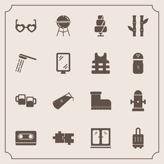 Modern, simple vector icon set with cooking, puzzle, furniture, hippie, chemistry, pub, cabinet, alcohol, grill, interior, baggage, beer, water, glasses, audio, luggage, doughnut, bar, airport icons