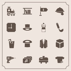 Modern, simple vector icon set with cube, kitchen, locomotive, time, square, service, clothing, cold, drill, location, equipment, hand, waiter, money, hour, machine, transport, book, drink, food icons