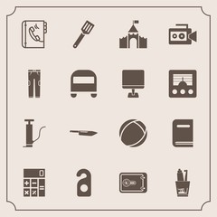 Modern, simple vector icon set with toothbrush, safe, camera, health, castle, handle, laptop, bus, calculator, internet, motel, label, clothing, book, finance, privacy, food, cooking, video, pan icons