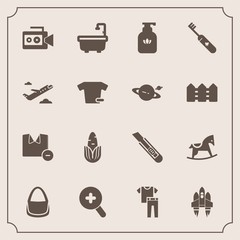 Modern, simple vector icon set with shirt, horse, equipment, clothing, spaceship, flight, sign, zoom, bag, airplane, care, cutter, departure, video, healthy, brush, bottle, vegetable, camera icons