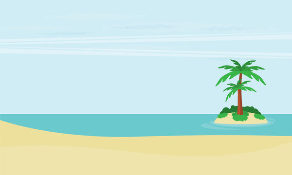 A tropical sea island with palm trees and sun. Flat design vector illustration.