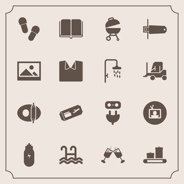 Modern, simple vector icon set with travel, grill, food, footwear, red, memory, plug, power, slipper, technology, flight, pool, white, concept, energy, library, cooking, sign, textbook, water icons