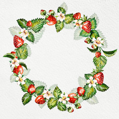 Watercolor floral background with strawberries. Summer card with copy space. Frame with watercolor strawberries. Hand painted background.