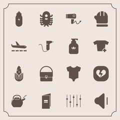 Modern, simple vector icon set with music, winter, kettle, clothing, up, broken, child, airport, corn, dryer, warm, blow, ufo, volume, cold, vegetable, paper, fiction, equality, sound, scarf icons - 207254273