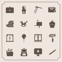 Modern, simple vector icon set with bag, water, furniture, dental, baby, horse, travel, sign, shower, computer, add, house, interior, roller, sale, backpack, music, medical, toothbrush, school icons - 207254276