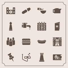 Modern, simple vector icon set with drink, espresso, cone, window, meat, fashion, price, sign, sport, video, wine, pin, makeup, curtain, scuba, brush, dinner, mask, map, home, sausage, interior icons - 207254283
