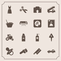 Modern, simple vector icon set with meat, kid, perfume, music, spray, bottle, noodle, axe, beauty, child, transportation, dress, chinese, baby, agriculture, fashion, delivery, repair, transport icons - 207254413