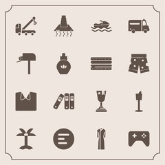 Modern, simple vector icon set with joystick, accident, ocean, achievement, award, health, app, wine, restaurant, palm, nature, mobile, hood, tow, shirt, menu, place, vessel, vehicle, game, sea icons