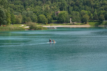26 may 2018, ledro lake in trentino, little town of Ledro tourist point of sportive people. Landmark for ancient palafitte from bronze age in Ledro Valley