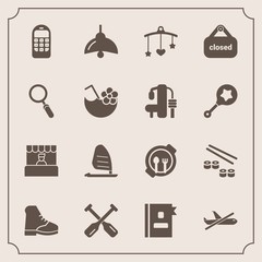 Modern, simple vector icon set with airplane, mobile, newborn, ocean, fish, child, directory, boot, paddle, bed, salmon, business, flight, japan, bulb, travel, oar, book, sport, market, seafood icons - 207254463
