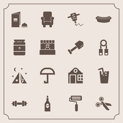 Modern, simple vector icon set with cold, sport, gym, brochure, outdoor, rain, glass, estate, roll, meat, book, real, wine, travel, weather, umbrella, house, furniture, fitness, camp, paper, red icons - 207254474