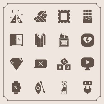 Modern, simple vector icon set with travel, spray, outdoor, kayaking, technology, food, housework, picture, camp, kayak, geography, video, photo, power, bar, border, abc, media, electricity, gem icons