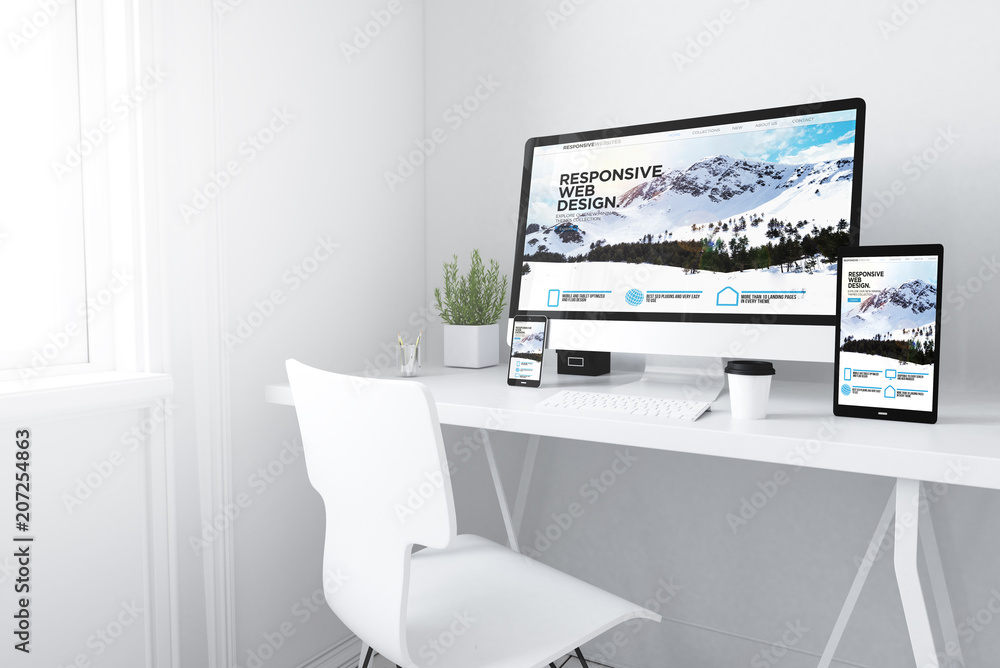 Poster devices on white minimal workspace responsive website