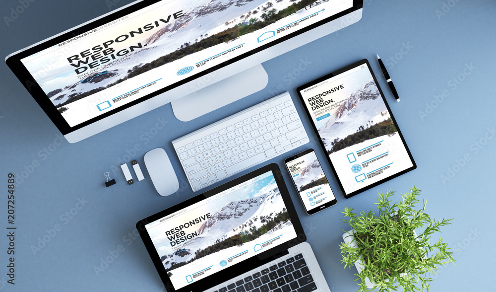 Wall mural top view blue devices responsive website