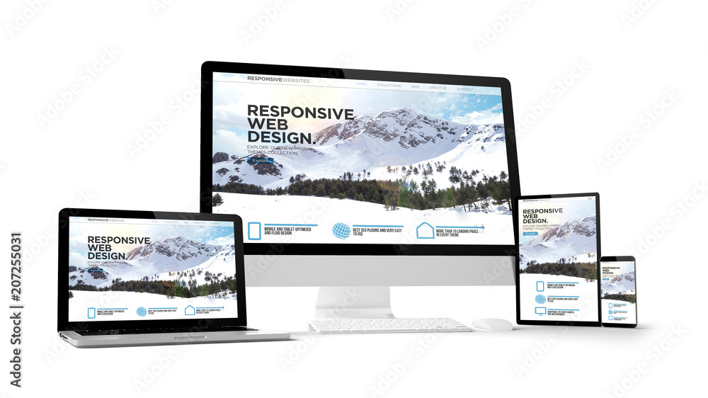 Fototapete computer gadgets with responsive website on screen