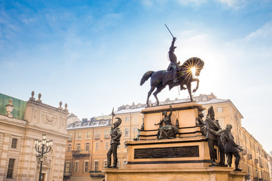 Turin, Italy - 07 December  2017. Equestrian Monument To The King Charles Albert Of Sardinia In Carlo Alberto Square, Turin.