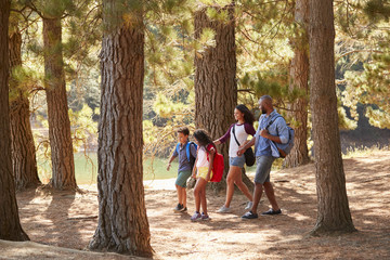 Fototapeta premium Family On Hiking Adventure Through Woods By Lake