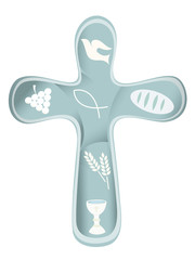 Christian cross various symbols on a pastel blue background