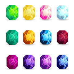 Isolated colorful gemstones of cushion shape set. Vector illustration for jewelry design.