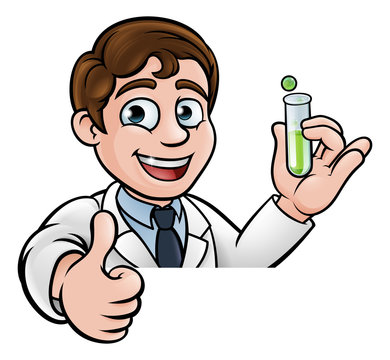 Cartoon Scientist Holding Test Tube Sign