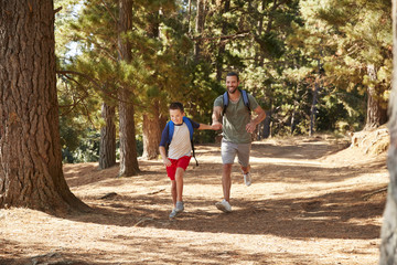 Fototapeta premium Father And Son On Hiking Adventure Running Through Forest