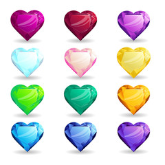 Collection isolated realistic heart-shaped gemstones different types. Jewelry for mobile games or design