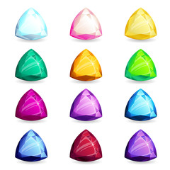A collection of isolated realistic triangle-shape of precious stones of different types. Jewelry for mobile games or design