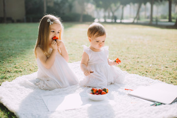 Two cute little sisters and their mother eating strawberries at summer picnic in park