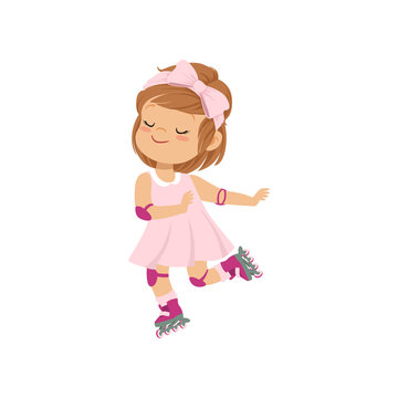 Sweet little girl in pink dress skating on rollerblades, kids physical activity concept vector Illustration on a white background
