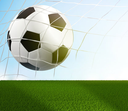 soccer ball in net and blades of grass 3d rendering goal concept