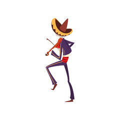 Skeleton in Mexican national costume playing violin, back view, Dia de Muertos, Day of the Dead vector Illustration on a white background