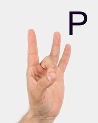 Alphabet in Russian sign language.  A symbol 18 from 33. A man's hand on a light background.