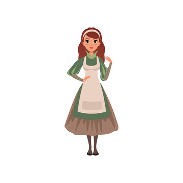Medieval maid character in traditional dress vector Illustration on a white background