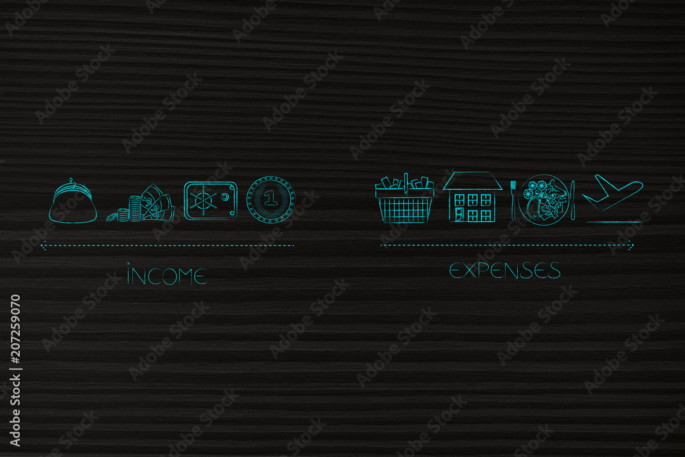 Wall mural income icons with cash safebox and purse versus expenses like housing food holidays and shopping