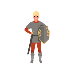 Medieval warrior character with shield and sword vector Illustration on a white background