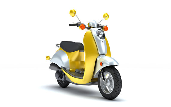 3D Rendering of shine yellow and chrome retro motor scooter isolated on white background. Perspective View of Vintage Motorcycle