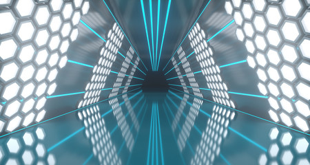Bright Futuristic Long Sci-Fi Tunnel With Hexagon Lights And Reflective Floor. 3D Rendering