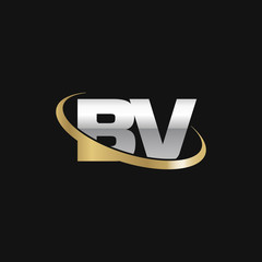 Initial letter BV, overlapping swoosh ring logo, silver gold color on black background