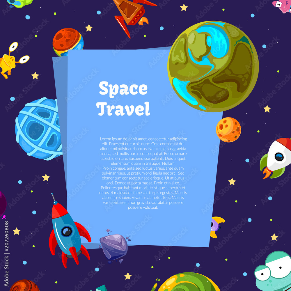 Poster vector background with place for text with cartoon space planets and ships