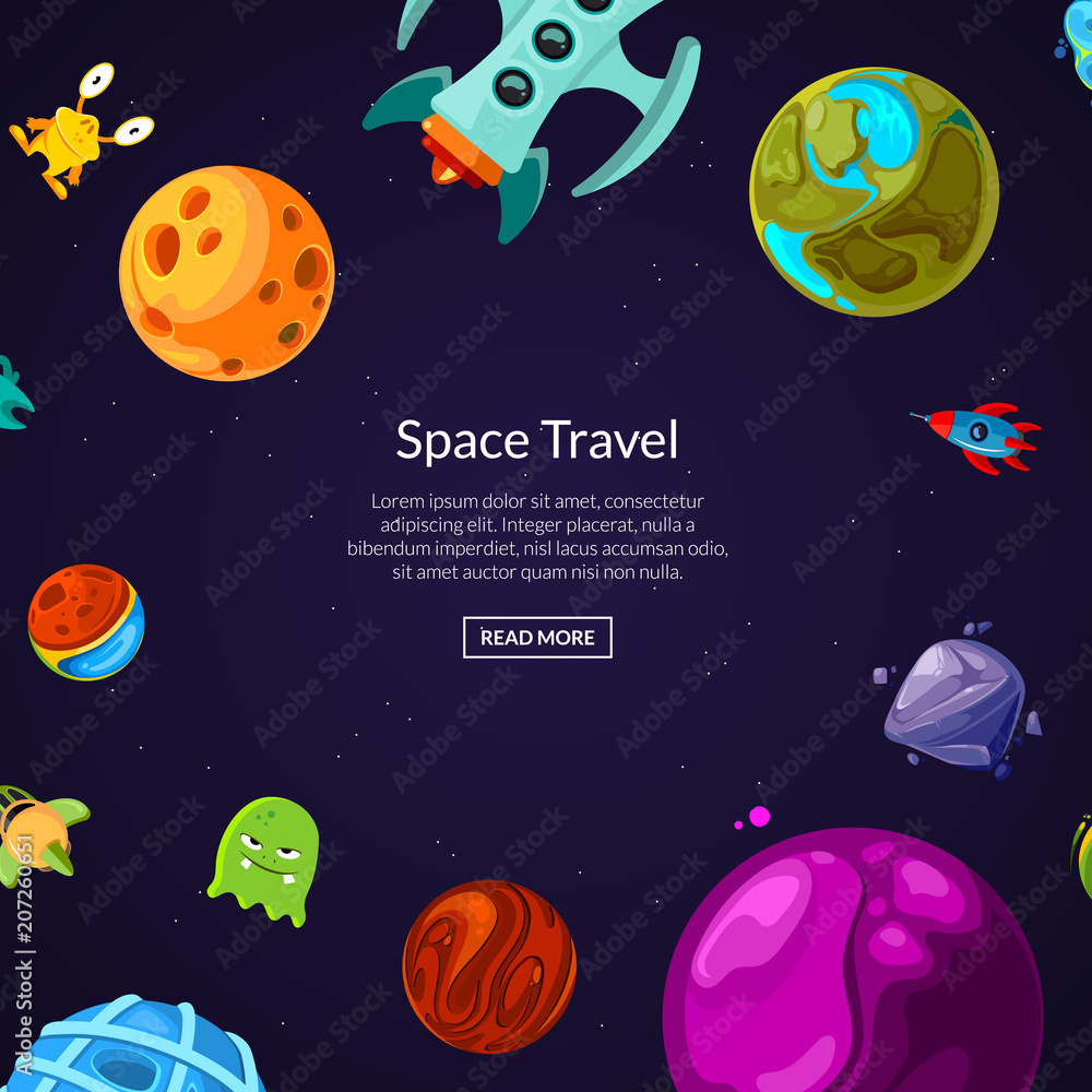 Poster vector background with place for text with cartoon space planets and ships