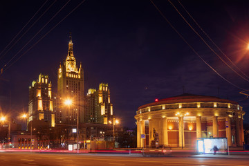 Fototapeta na wymiar The light trails on the modern building background in Moscow, Russia